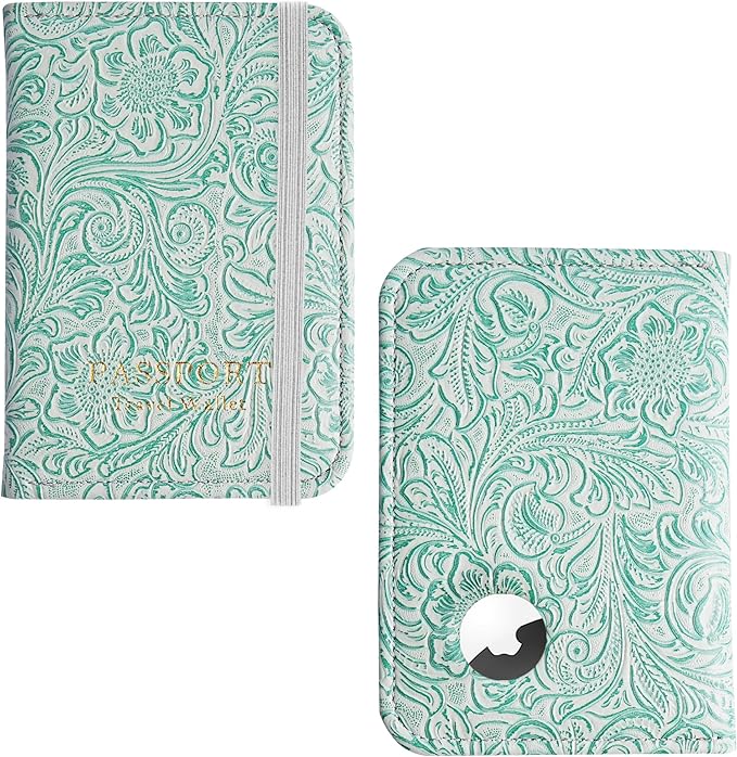 lizimandu Passport Holder with Airtag Slot, Airtag Passport Wallet for Men Women, Slim Leather Passport Holder Case Family for Travel Anti-Lost(1-Carved Green3)
