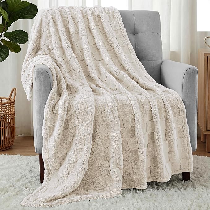 Utopia Bedding Linen Checkered Fleece Throw Blanket for Couch, Sofa, Soft Plush Cozy Blanket for Women and Men Home Decor, Ultra Comfy Travel-Friendly Throws for Relaxation, 50x60 Inches