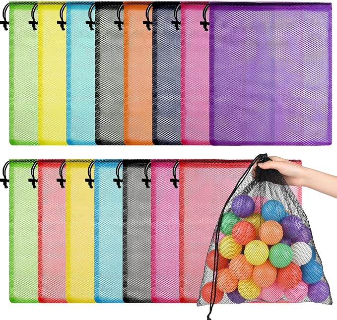 PLULON Mesh Bag Drawstring Mesh Laundry Bags, 18 x 12 Inch Nylon Drawstring Bag for Pool Beach Ball Toys Storage Bag for Collecting Travel Sports Gym (12, Multicolor)