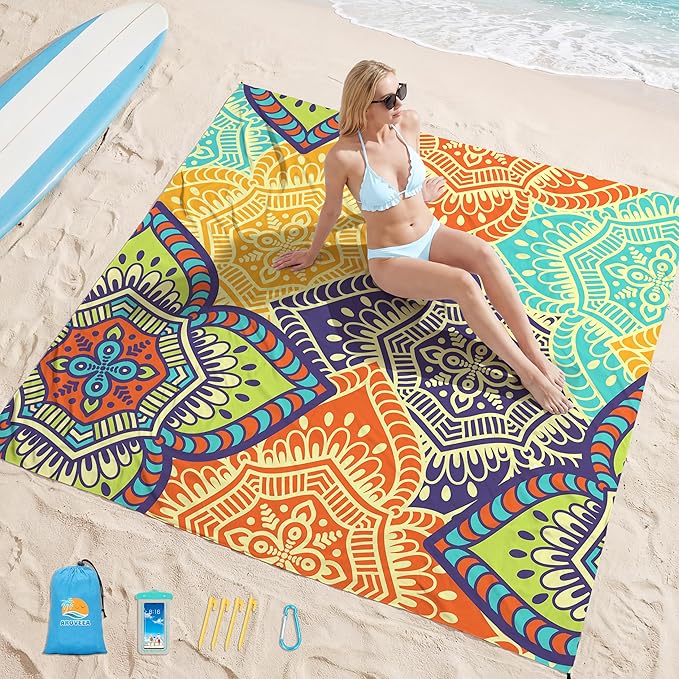 Aroveea Beach Blanket Waterproof Sandproof 1-7 Adult Oversized 78''X81''/10'X9' Lightweight Durable Compact Sand Free Beach Mat for Travel Camping Hiking Picnic Blanket