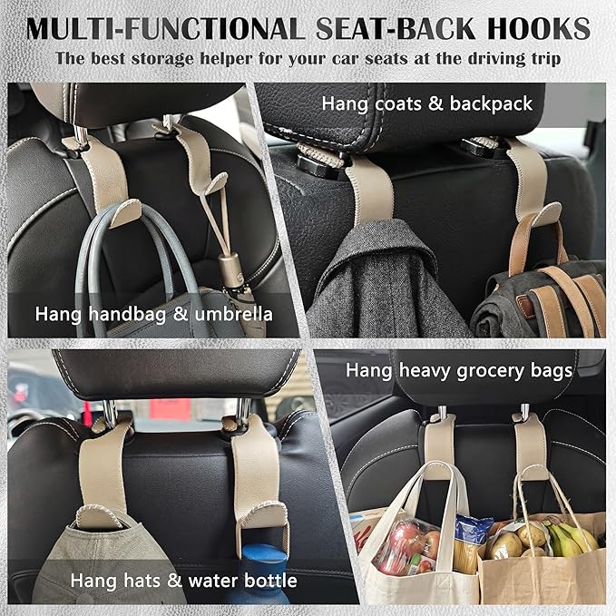 Amooca Car Seat Headrest Hook Universal Vehicle Storage Hanger Leather with Metal Car Seat Back Organizer for Handbag Purse Coat Beige 2 Pack