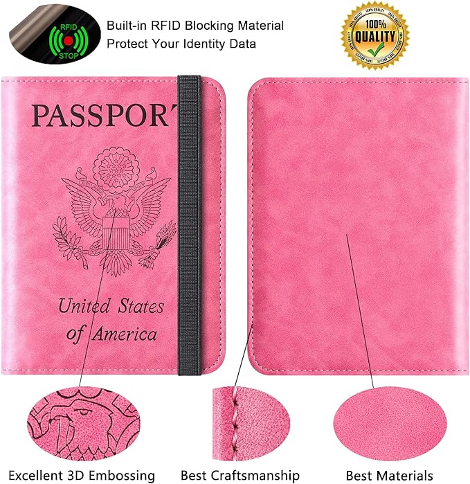 Airtag Passport Holder for Travel Essentials Wallet Rfid Blocking Cover Leather Case Vacation Travel Accessories for Women Men (601#Pink)