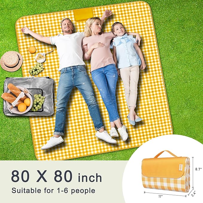SAMSIER Outdoor Picnic Blankets Waterproof Foldable Sandproof, Extra Large Gingham Cute Picnic Mat Washable Portable for Park Beach Camping Courtyard (Yellow, 80"×80")