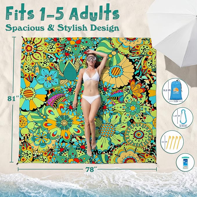 Aroveea Beach Blanket Waterproof Sandproof 1-7 Adult Oversized 78''X81''/10'X9' Lightweight Durable Compact Sand Free Beach Mat for Travel Camping Hiking Picnic Blanket