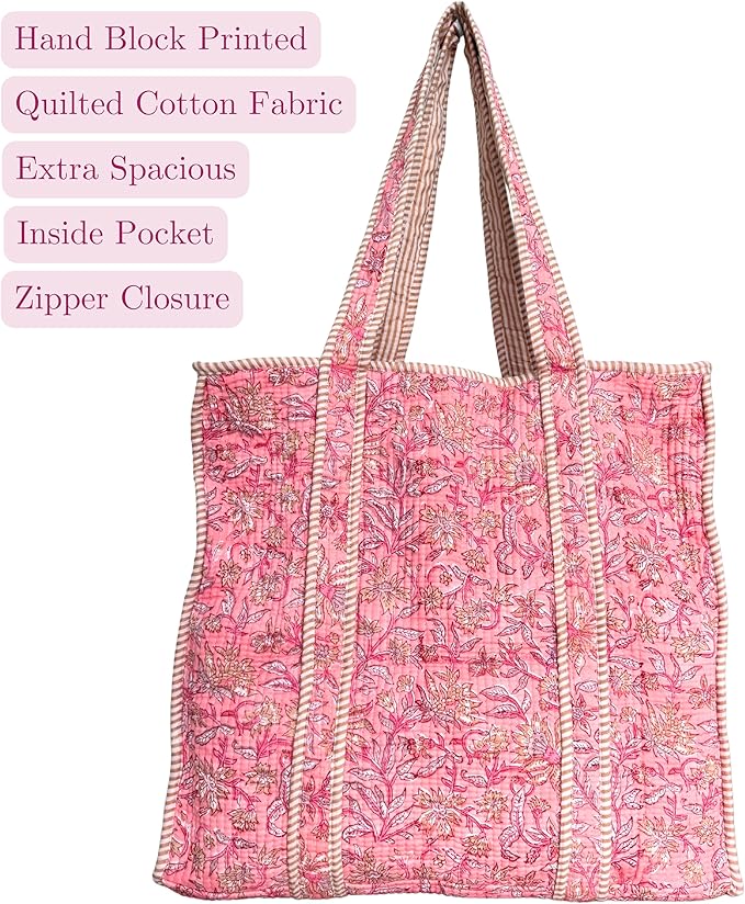 ATOSII Women Handblock Print Quilted 100% Cotton Floral Large Shoulder Tote Bag with Pocket, Zipper for Work, Beach & Travel