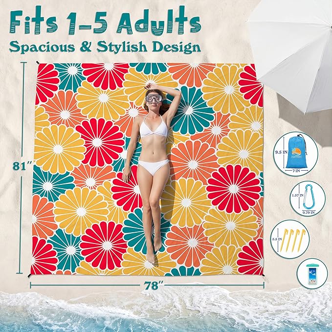 Aroveea Beach Blanket Waterproof Sandproof 1-7 Adult Oversized 78''X81''/10'X9' Lightweight Durable Compact Sand Free Beach Mat for Travel Camping Hiking Picnic Blanket