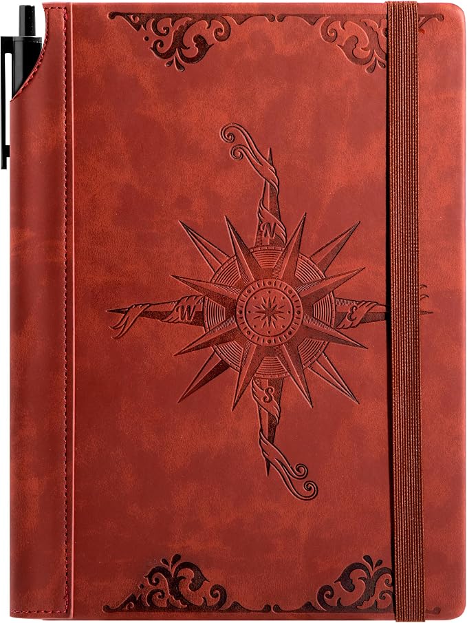 CAGIE Compass Leather Journal Gift for Men - Vintage Writing Notebook with Pen, 100 GSM 288 Page Lined Journal A5 Hardcover, 180° Lay Flat, Daily, Travel, Office & Gift Idea