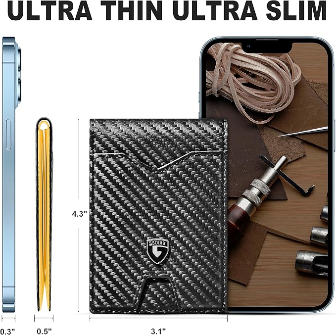 GSOIAX Slim Wallet for Men Rfid Blocking Leather Bifold Front Pocket Carbon Fiber Men's Money Clips Credit Card Holder With Gift Box