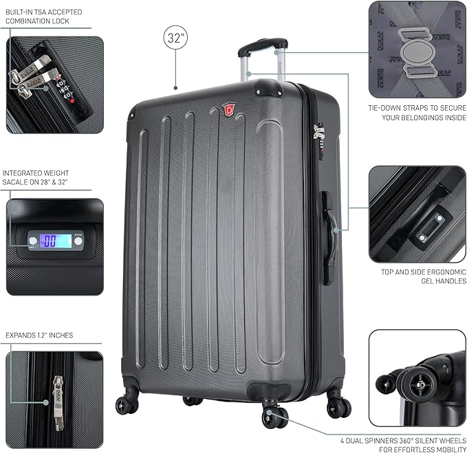 DUKAP INTELY Hardside Luggage with Ergonomic GEL Handle | Spacious Hardside Travel Luggage with TSA Combination Lock and Digital Weight Scale | 32 Inch Extra Large Suitcase | Grey