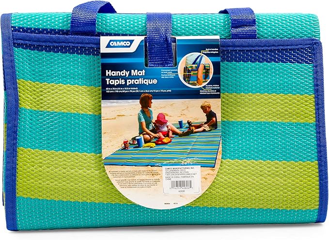 Camco Handy Mat with Strap - Perfect for Picnics, Beaches, RV and Outings - Green/Turquoise - 60" x 78" (42806)