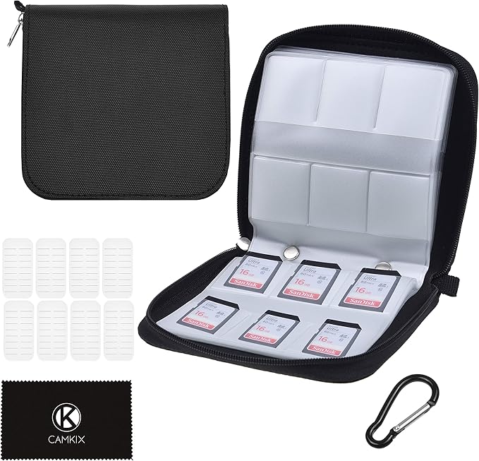 CamKix Memory Card Case - Fits up to 88x SD, SDHC, Micro SD, Mini SD and 4X CF - Holder with 88 Slots (8 Pages) - for Storage and Travel - Microfiber Cleaning Cloth, Carabiner and Labels Included