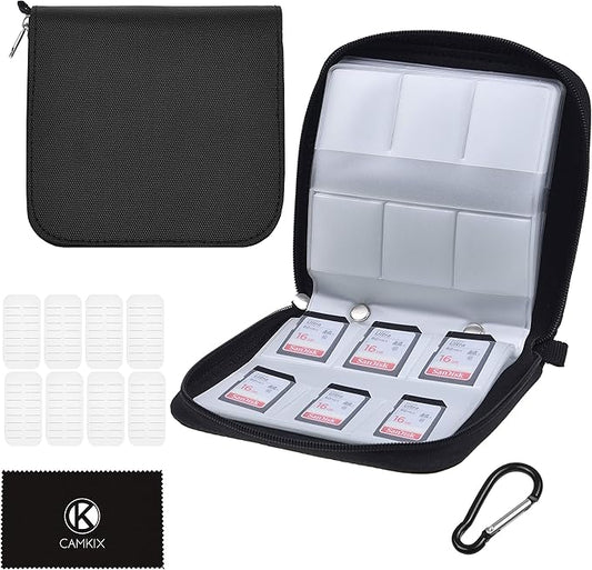 CamKix Memory Card Case - Fits up to 88x SD, SDHC, Micro SD, Mini SD and 4X CF - Holder with 88 Slots (8 Pages) - for Storage and Travel - Microfiber Cleaning Cloth, Carabiner and Labels Included