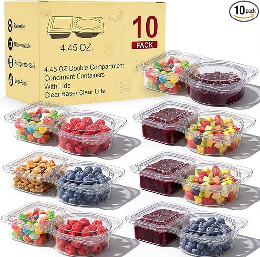 Reusable Snack Containers & Snack Pack Containers – 2 Compartment Meal Prep Containers with Lids, Double Condiment Containers, Portable Snackle Box (10 Set)