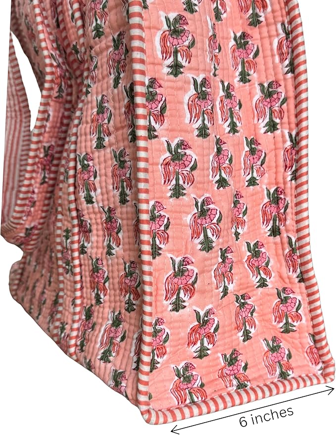ATOSII Women Handblock Print Quilted 100% Cotton Floral Large Shoulder Tote Bag with Pocket, Zipper for Work, Beach & Travel
