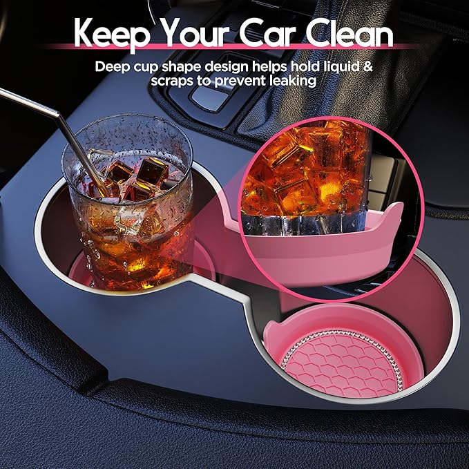Amooca Car Cup Coaster Universal Non-Slip Cup Holders Bling Crystal Rhinestone Car Interior Accessories 2 Pack Peach Pink