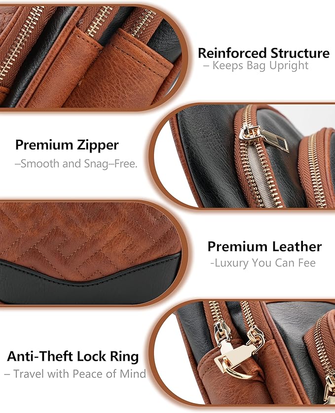 Anti Theft Crossbody Bags for Women, RFID Vegan Leather Sling Purse for Travel, Chest Bag, Cross Body Purses & Fanny Packs(Brown＆Black)
