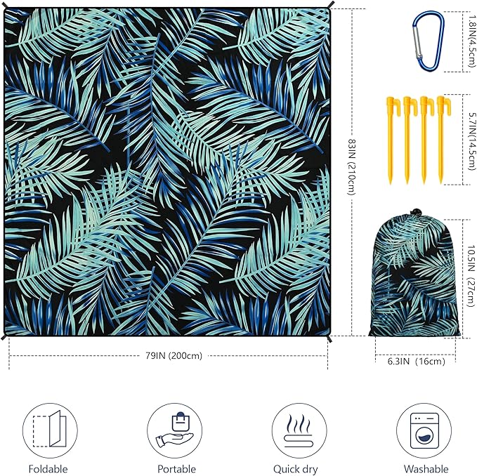 HIHOHO Beach Blanket Waterproof Sandproof Beach Mat 79”x 83” for 1-8 Adults Quick Drying Durable Outdoor Picnic Mat for Beach Festival Travel Camping Hiking (BK&GN-Palm, 79"×83"(4 Person))