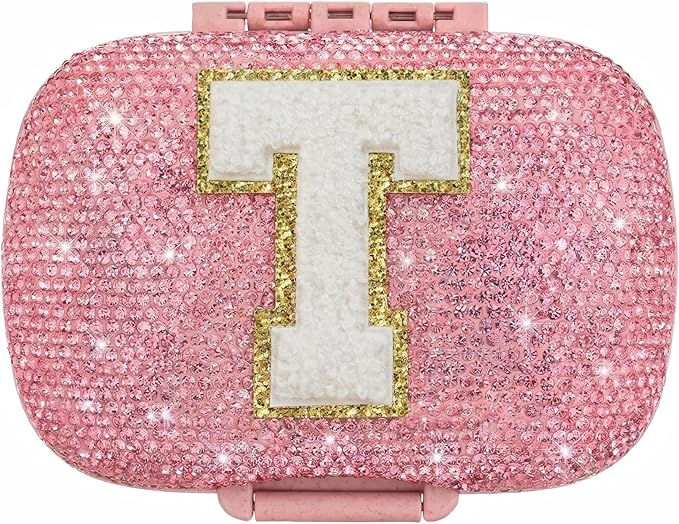 Cute Pill Organizer Small Bling Pill Case for Purse Medicine Vitamin Container Holder Daily Pill Box Container for Women Travel Medicine Kit(Letter T Pink)