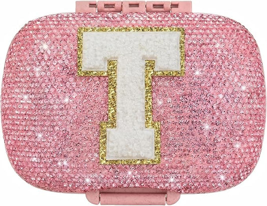 Cute Pill Organizer Small Bling Pill Case for Purse Medicine Vitamin Container Holder Daily Pill Box Container for Women Travel Medicine Kit(Letter T Pink)
