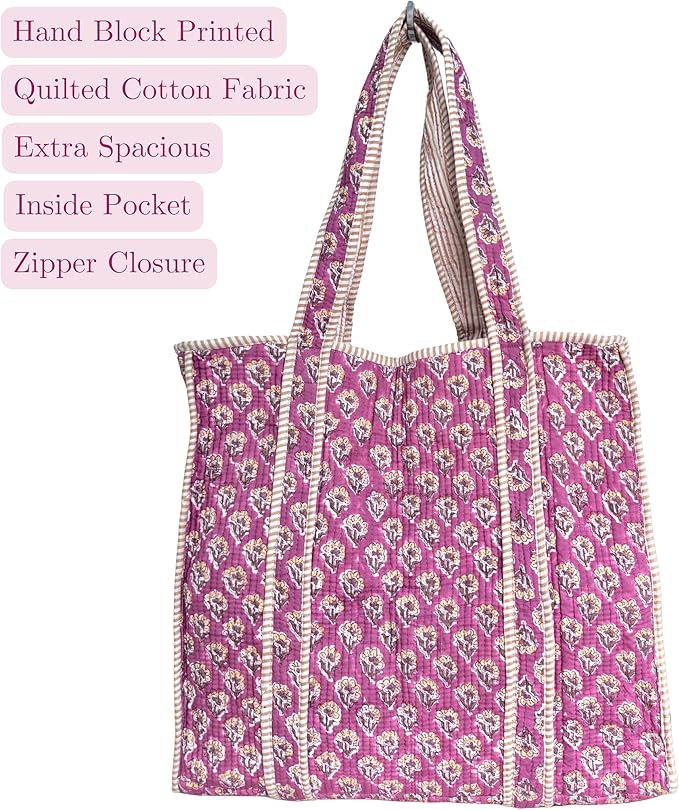ATOSII Women Handblock Print Quilted 100% Cotton Floral Large Shoulder Tote Bag with Pocket, Zipper for Work, Beach & Travel