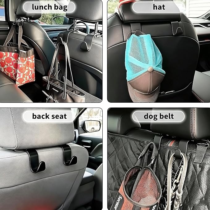 EldHus Car Seat Hooks 4 Pack, Headrest Hooks for Purses Groceries Bags with Metal Lock, Car Purse Holder Seat Back Storage Hooks