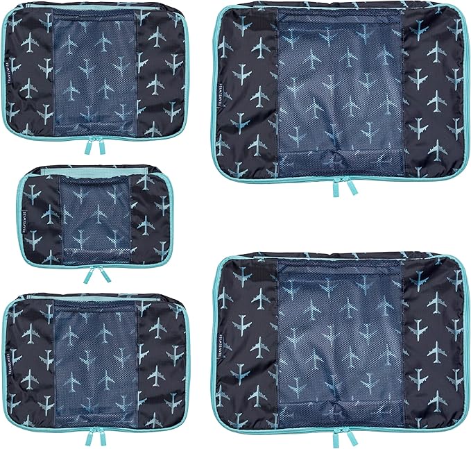 Travel Wise Packing Cubes for Travel - 5 Piece Set with Pattern Design, Lightweight Ripstop Nylon Luggage Organizers with Mesh Panel, Small Medium Large Sizes