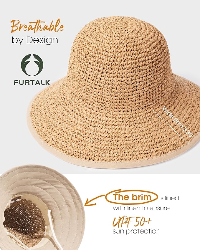 FURTALK Summer Straw Beach Sun Hats for Women UPF 50 Floppy Wide Brim Travel Bucket Hat Foldable Packable