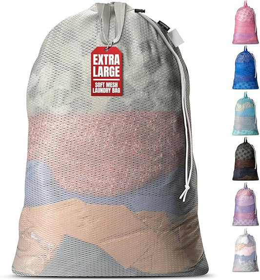 Handy Laundry Mesh Laundry Bag 24 x 36 Inches - Extra Large Heavy Duty Bag with Handles & Shoulder Strap, Breathable, Machine Washable for Dorm, Travel, Bedding & Storage - Grey