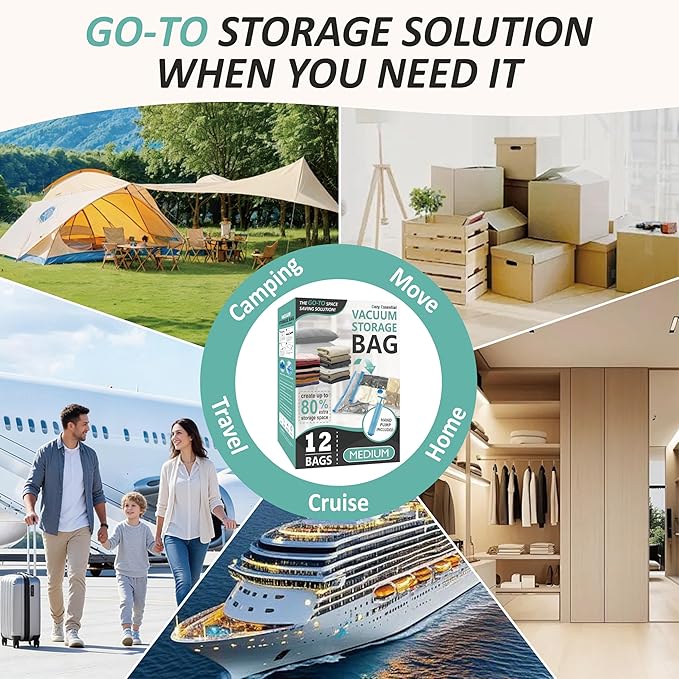 Cozy Essential Vacuum Storage Bags, 80% Compression Vacuum Seal Space Saver Plastic Packaging Bags for Clothes, Blankets, Pillow, Bedding, Comforters, Sealer Clothing Storage,12 Medium