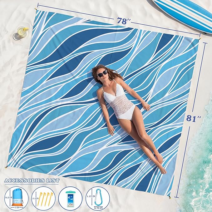 Famstar Beach Blanket Oversized Extra Large 78"X81"/10'X9',Waterproof Sandproof Beach Blanket 2-8 Adults Lightweight Durable for Travel Camping Hiking Picnic