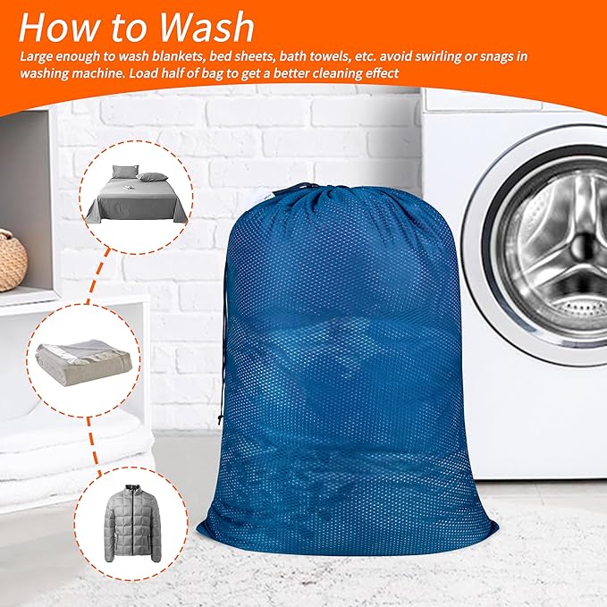 Polecasa Heavy Duty Diamond Mesh Laundry Bags 24x36"- Machine Washable Large Commercial Grade Laundry Bag with Drawstring & ID Tag for College Dorms, Travel, Sports Equipment – Blue
