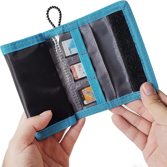 Memory Card Wallet - SD Card Storage - Slim and Foldable with Transparent Slots - Can Carry Up to 15 SD Cards - Straps with Tether Included - (Black/Blue)