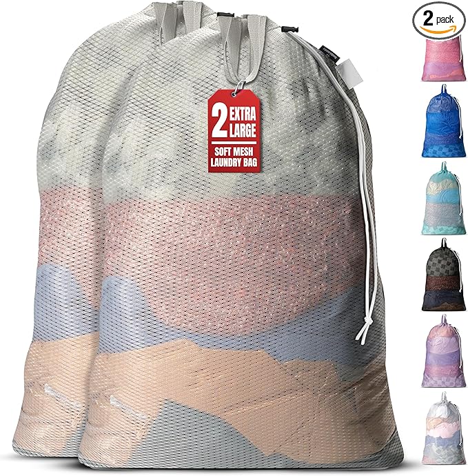 Handy Laundry Mesh Laundry Bags 24 x 36 Inches, 2-Pack - Extra Large Heavy Duty Bag with Handles & Shoulder Strap, Breathable, Machine Washable for Dorm, Travel, Bedding & Storage - Grey