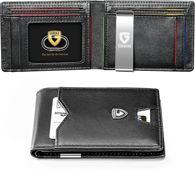 GSOIAX Slim Wallet for Men Rfid Blocking Leather Bifold Front Pocket Carbon Fiber Men's Money Clips Credit Card Holder With Gift Box