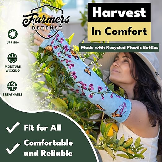 FARMER'S DEFENSE Gardening Arm Sleeves|UV Cooling Protective Sleeve Women & Men|Anti-Scratch Cover Sun UPF Outdoor Protection - Tropical Flower - XS