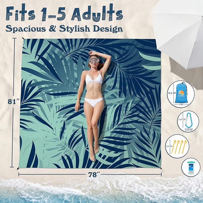 Aroveea Beach Blanket Waterproof Sandproof 1-7 Adult Oversized 78''X81''/10'X9' Lightweight Durable Compact Sand Free Beach Mat for Travel Camping Hiking Picnic Blanket