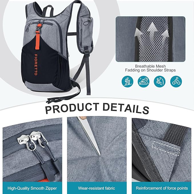 FIORETTO 20L Hiking Backpack for Women Men Mini Packable Backpack Lightweight Small Daypack for Camping Travel Outdoor, Grey and Black
