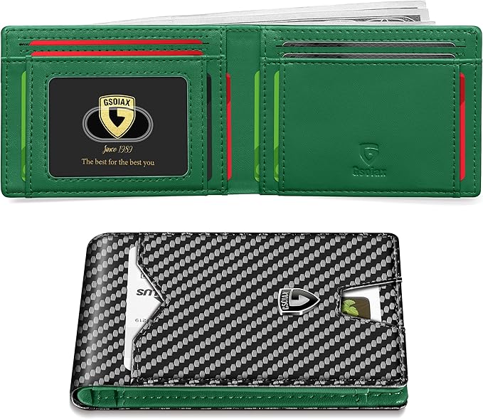 GSOIAX Slim Wallet for Men Rfid Blocking Leather Bifold Front Pocket Carbon Fiber Men's Money Clips Credit Card Holder With Gift Box