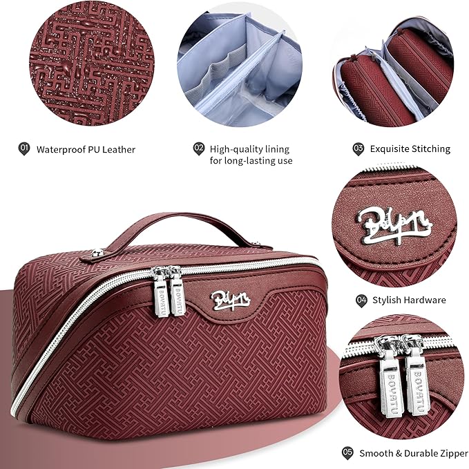 BOYATU Travel Makeup Bags for Women: Vintage Roman Column Texture Large Capacity Cosmetic Bag - Each Journey, Quiet Luxury Serenity - 3 Pcs Set Organizer Toiletry Purse 50% Extra Storage(Burgundy)