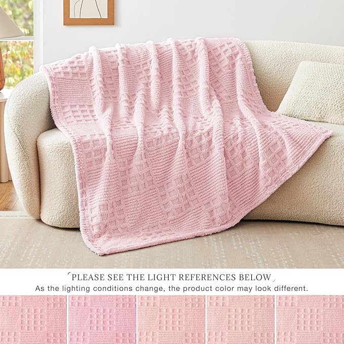 EXQ Home Fleece Throw Blanket for Couch or Bed - 3D Waffle Patchwork Pattern Jacquard Decorative Blankets - Cozy Soft Fuzzy Flannel Blanket Suitable for All Seasons(50"×60",Pink)