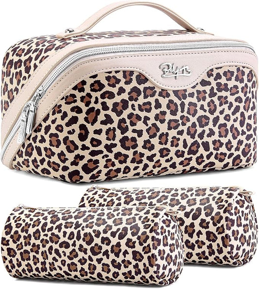 Travel Makeup Bags Organizer for Women: 3 Pcs Set Cosmetic Bag - Large Make up Bag with Compartments - Flat Open Waterproof Leather Toiletry Bags for Skincare, Brushes & Travel Essentials - Beige