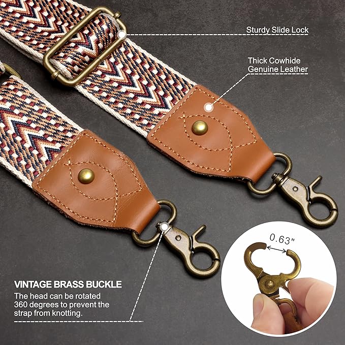 Nefelibata Purse Strap-2"Crazy Horse Leather Bag Strap Adjustable Replacement,Retro Jacquard Embroidery Crossbody Straps