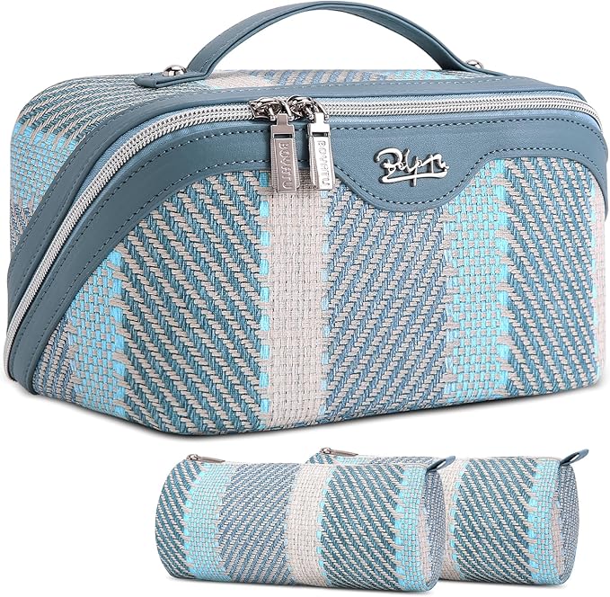 BOYATU Travel Makeup Bag Cosmetic Bag for Women: 3 Pcs Set Make up Bag with Compartments - Waterproof Vegan Leather Toiletry Bags with Handle - Makeup Organizer for Travel Essentials(C-1-Blue)