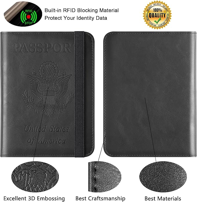 Airtag Passport Holder for Travel Essentials Wallet Rfid Blocking Cover Leather Case Vacation Travel Accessories for Women Men (601#Black)