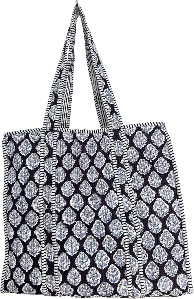 ATOSII Women Handblock Print Quilted 100% Cotton Floral Large Shoulder Tote Bag with Pocket, Zipper for Work, Beach & Travel
