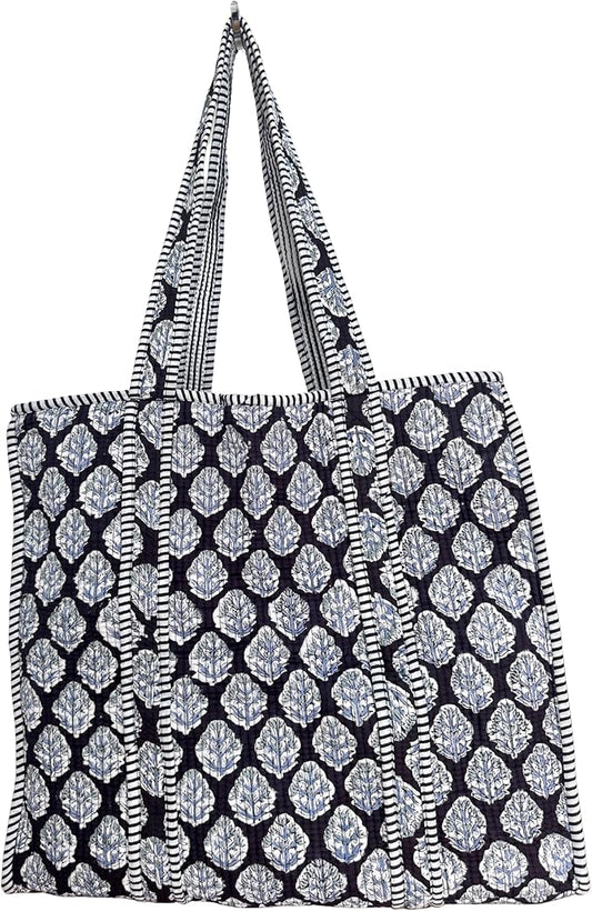 ATOSII Women Handblock Print Quilted 100% Cotton Floral Large Shoulder Tote Bag with Pocket, Zipper for Work, Beach & Travel