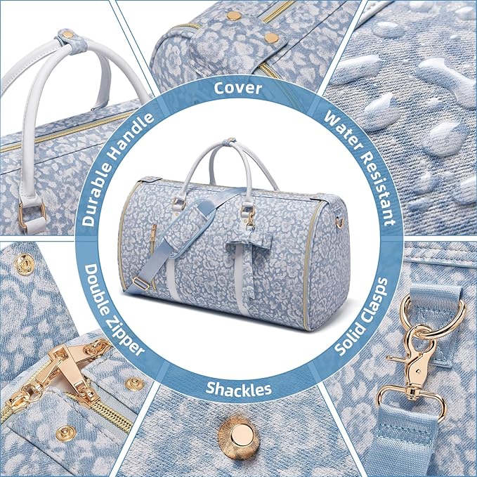 Travel Garment Bag for Women, Foldable Carry On Garment Duffle Bag 20.5x10x12.5 Inch, Convertible Overnight Bags with Shoe & Toiletry Pockets for Business Trip, Vacation, Party, Blue-White