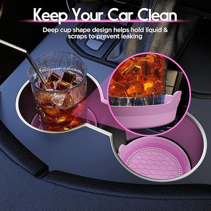 Amooca Car Cup Coaster Universal Non-Slip Cup Holders Bling Crystal Rhinestone Car Interior Accessories 4 Pack Pink