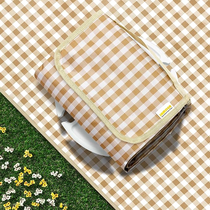 SAMSIER Outdoor Picnic Blankets Waterproof Foldable Sandproof, Extra Large Gingham Cute Picnic Mat Washable Portable for Park Beach Camping Courtyard (Coffee, 80"×80")