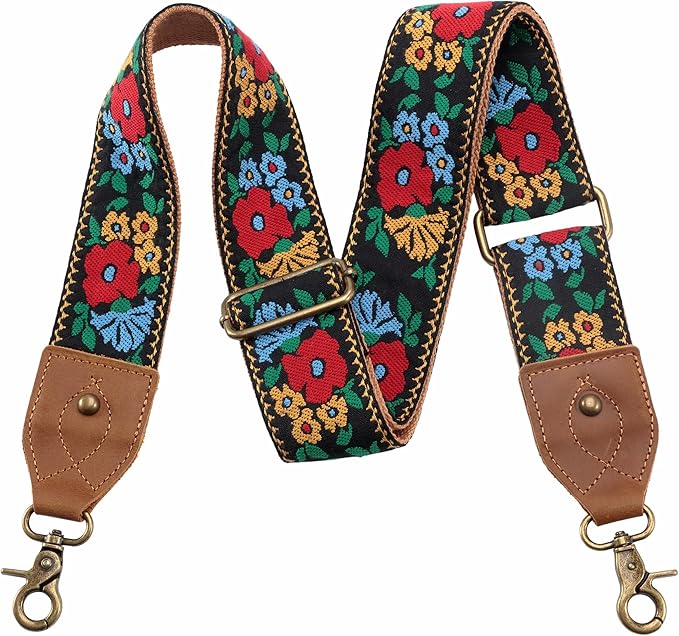 Nefelibata Purse Strap-2"Crazy Horse Leather Bag Strap Adjustable Replacement,Retro Jacquard Embroidery Crossbody Straps
